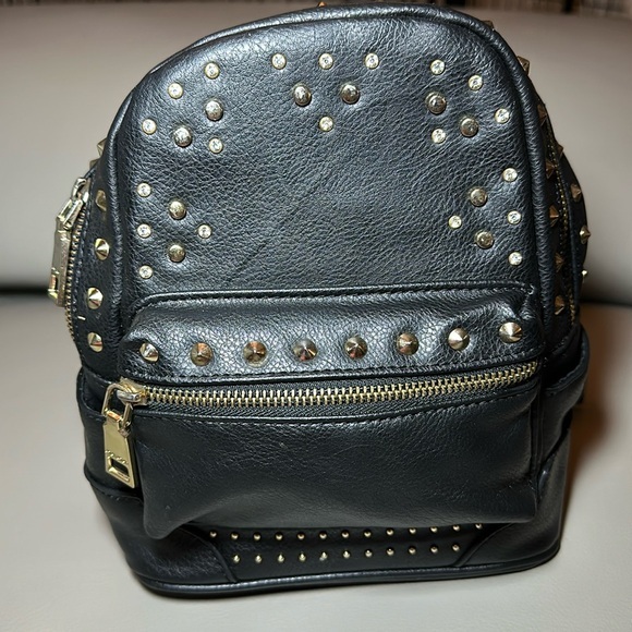 BeBe Small Black Studded Backpack - GUC - Gold and Rhinestone Hardware - Picture 1 of 9